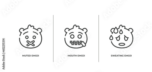 emoji outline icons set. thin line icons sheet included muted emoji, -mouth emoji, sweating vector.