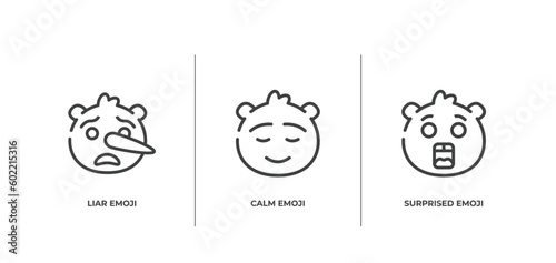 emoji outline icons set. thin line icons sheet included liar emoji, calm emoji, surprised vector.