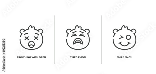 emoji outline icons set. thin line icons sheet included frowning with open mouth emoji, tired emoji, smile vector.
