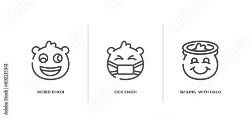 emoji outline icons set. thin line icons sheet included weird emoji, sick emoji, smiling with halo vector.