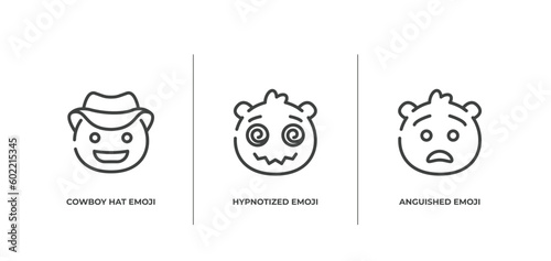 emoji outline icons set. thin line icons sheet included cowboy hat emoji, hypnotized emoji, anguished vector.