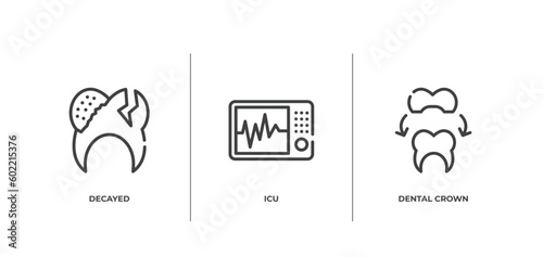 dental care outline icons set. thin line icons sheet included decayed, icu, dental crown vector.