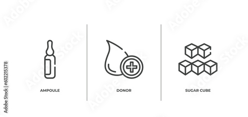 allergies outline icons set. thin line icons sheet included ampoule, donor, sugar cube vector.