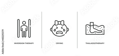 therapy outline icons set. thin line icons sheet included inversion therapy, crying, thalassotherapy vector.