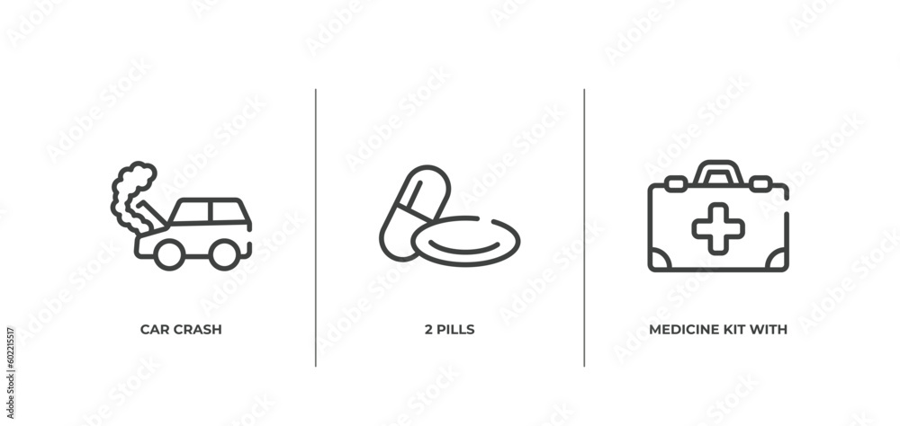 medicine outline icons set. thin line icons sheet included car crash, 2 pills, medicine kit with first aid vector.