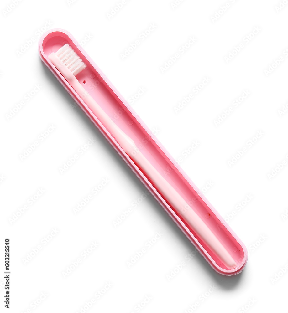 Plastic toothbrush in case isolated on white background Plastic toothbrush in case isolated on white background