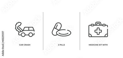medicine outline icons set. thin line icons sheet included car crash, 2 pills, medicine kit with first aid vector.