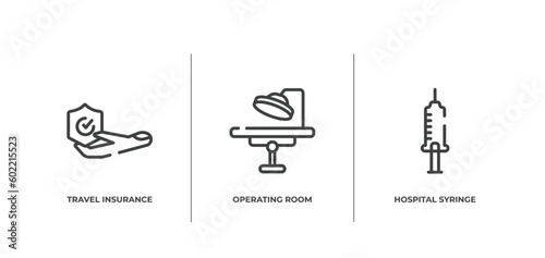health outline icons set. thin line icons sheet included travel insurance, operating room, hospital syringe vector.