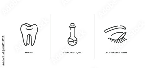 body parts outline icons set. thin line icons sheet included molar, medicine liquid in a test tube glass, closed eyes with lashes and brows vector.