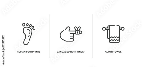 relaxing in a spa outline icons set. thin line icons sheet included human footprints, bandaged hurt finger, cloth towel vector.