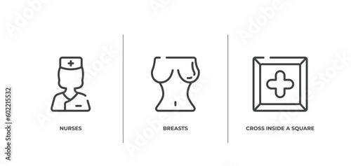 health outline icons set. thin line icons sheet included nurses  breasts  cross inside a square vector.
