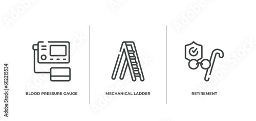 insurance outline icons set. thin line icons sheet included blood pressure gauge, mechanical ladder, retirement vector.