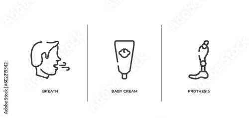 medicine outline icons set. thin line icons sheet included breath, baby cream, prothesis vector.