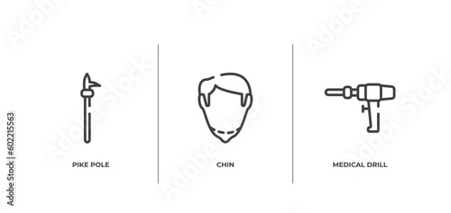 medical instruments outline icons set. thin line icons sheet included pike pole, chin, medical drill vector.