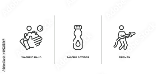 emergencies outline icons set. thin line icons sheet included washing hand, talcum powder, fireman vector.