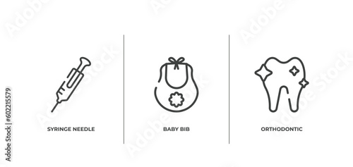 medical outline icons set. thin line icons sheet included syringe needle, baby bib, orthodontic vector.
