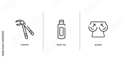 plastic surgery outline icons set. thin line icons sheet included forcep, body oil, boobs vector.