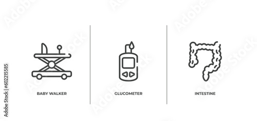 medical outline icons set. thin line icons sheet included baby walker, glucometer, intestine vector.