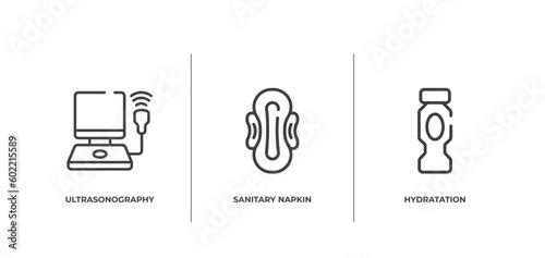 blood donation outline icons set. thin line icons sheet included ultrasonography, sanitary napkin, hydratation vector.