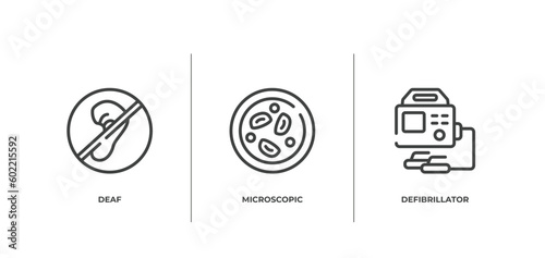 medicine outline icons set. thin line icons sheet included deaf, microscopic, defibrillator vector.