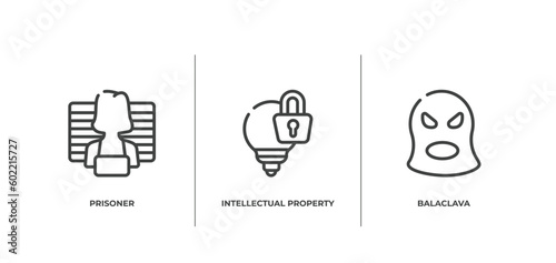 law and justice outline icons set. thin line icons sheet included prisoner, intellectual property, balaclava vector.