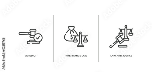 law and justice outline icons set. thin line icons sheet included veredict, inheritance law, law and justice vector.