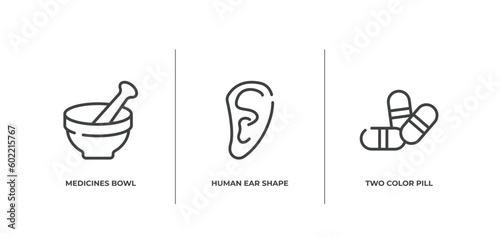 in the hospital outline icons set. thin line icons sheet included medicines bowl, human ear shape, two color pill vector.