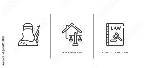 law and justice outline icons set. thin line icons sheet included , real estate law, constitutional law vector.
