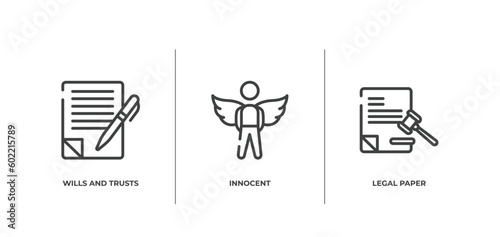 law and justice outline icons set. thin line icons sheet included wills and trusts, innocent, legal paper vector.