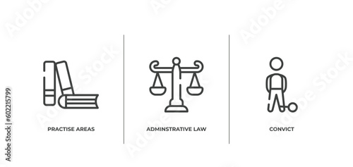 law and justice outline icons set. thin line icons sheet included practise areas, adminstrative law, convict vector.