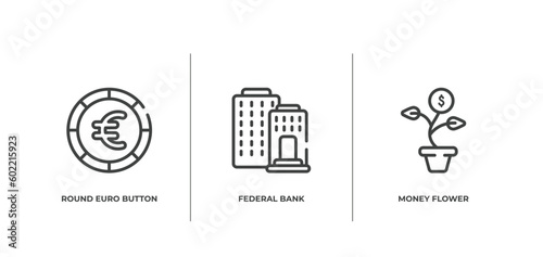 business and finance outline icons set. thin line icons sheet included round euro button, federal bank, money flower vector.