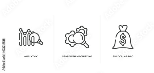 business and finance outline icons set. thin line icons sheet included analythic, gear with magnifying glass, big dollar bag vector.