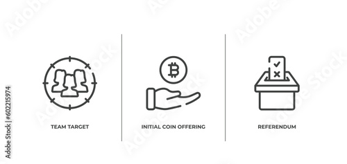 general outline icons set. thin line icons sheet included team target, initial coin offering, referendum vector.