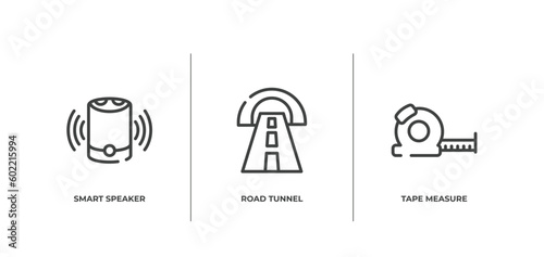 general outline icons set. thin line icons sheet included smart speaker, road tunnel, tape measure vector.