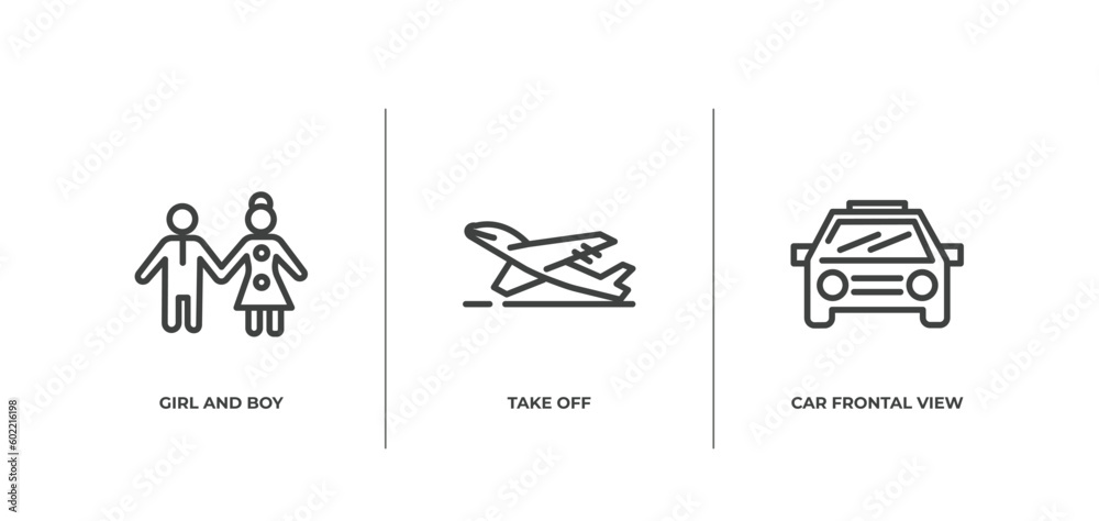 Fototapeta premium signals set outline icons set. thin line icons sheet included girl and boy, take off, car frontal view vector.