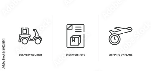 shipping and handly outline icons set. thin line icons sheet included delivery courier, dispatch note, shipping by plane vector.