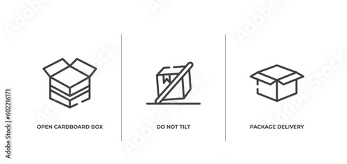 shipping and handly outline icons set. thin line icons sheet included open cardboard box, do not tilt, package delivery vector.