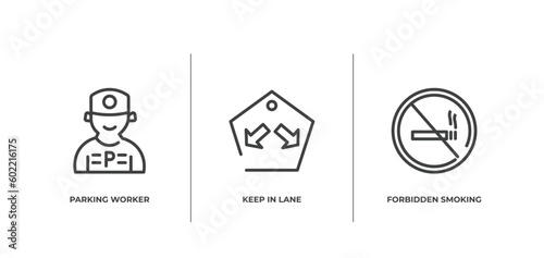 signals set outline icons set. thin line icons sheet included parking worker, keep in lane, forbidden smoking vector.