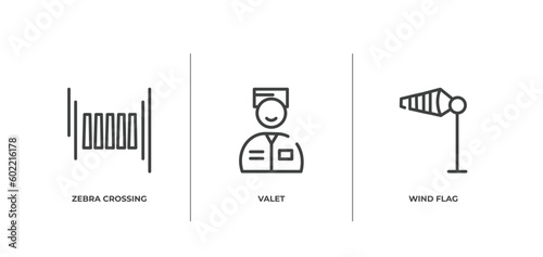 airport outline icons set. thin line icons sheet included zebra crossing, valet, wind flag vector.