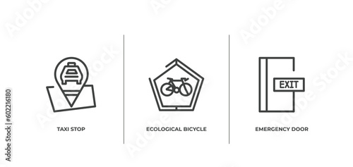signals set outline icons set. thin line icons sheet included taxi stop, ecological bicycle transport, emergency door vector.