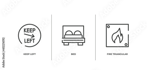 signals set outline icons set. thin line icons sheet included keep left, bed, fire triangular vector.