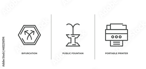 taxi service outline icons set. thin line icons sheet included bifurcation, public fountain, portable printer vector.
