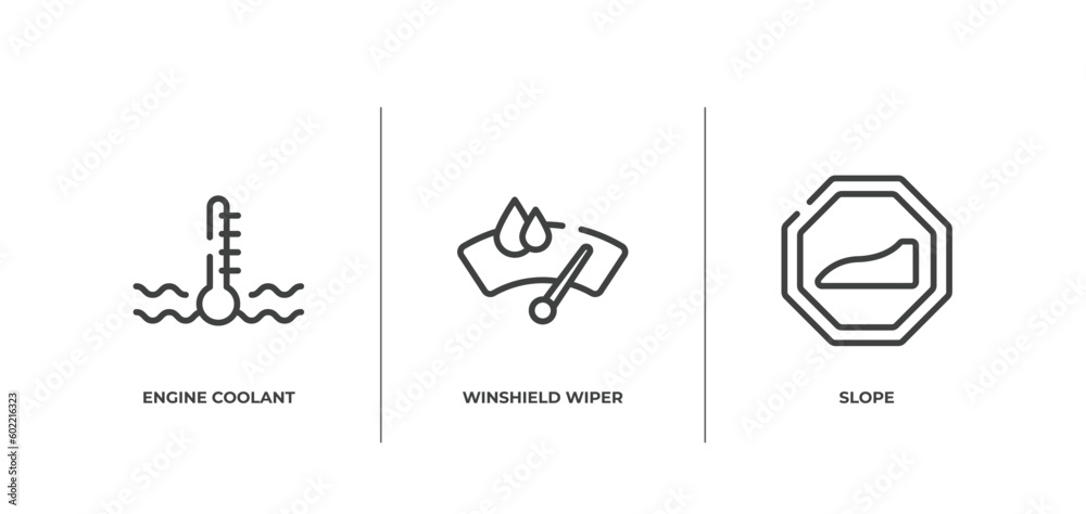 Fototapeta premium traffic signs collection outline icons set. thin line icons sheet included engine coolant, winshield wiper, slope vector.