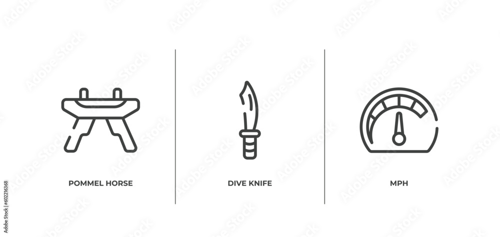 racing outline icons set. thin line icons sheet included pommel horse, dive knife, mph vector. - obrazy, fototapety, plakaty 