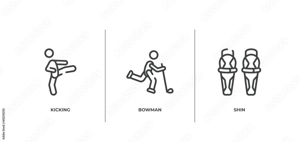 hockey outline icons set. thin line icons sheet included kicking, bowman, shin vector.