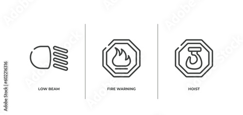 pictograms outline icons set. thin line icons sheet included low beam, fire warning, hoist vector.