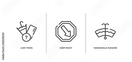 car dashboard signals outline icons set. thin line icons sheet included lost items, keep right, windshield washer vector.