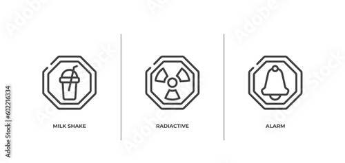 universal warning signals outline icons set. thin line icons sheet included milk shake, radiactive, alarm vector.