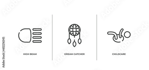 hotel signals outline icons set. thin line icons sheet included high beam, dream catcher, childcare vector.