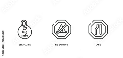 traffic signs outline icons set. thin line icons sheet included clearance, no camping, lane vector.